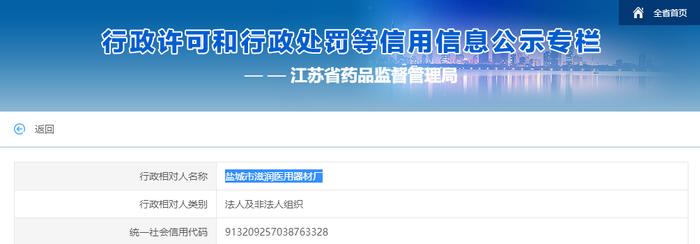 【江苏】盐城市滋润医用器材厂生产未办理变更注册手续生产第三类医疗器械被罚款75000元