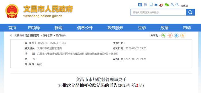 海南省文昌市市场监管局关于70批次食品抽样检验结果的通告（2023年第2期）