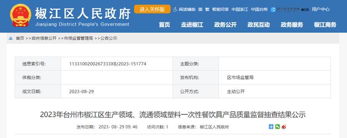 2023年浙江省台州市椒江区生产领域、流通领域塑料一次性餐饮具产品质量监督抽查结果公示