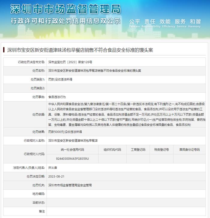深圳市宝安区新安街道津味汤包早餐店销售不符合食品安全标准的馒头案