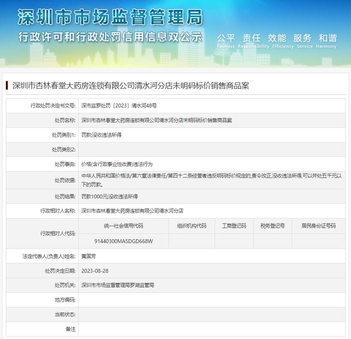 深圳市杏林春堂大药房连锁有限公司清水河分店未明码标价销售商品案