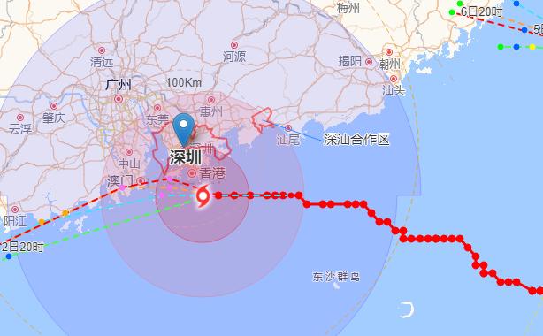 1日20时台风“苏拉”距离深圳75公里，预计将在香港南侧海面近距离移过