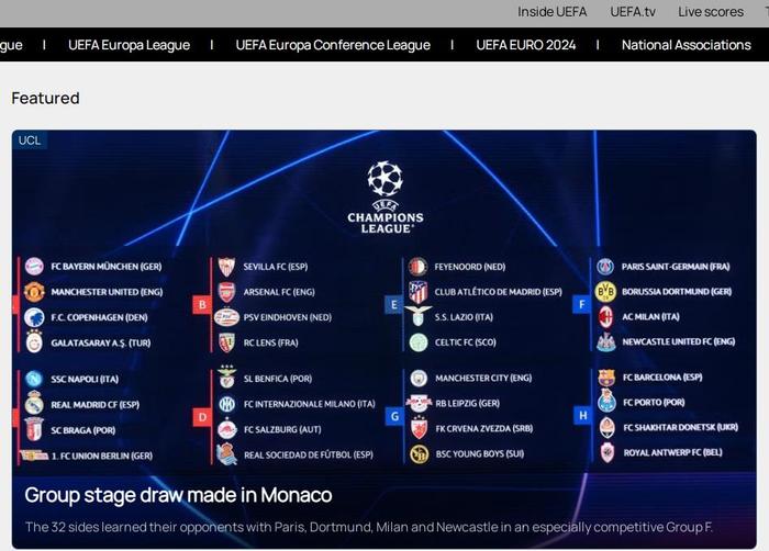 欧冠小组赛分组揭晓 “大巴黎”分入超级死亡之组