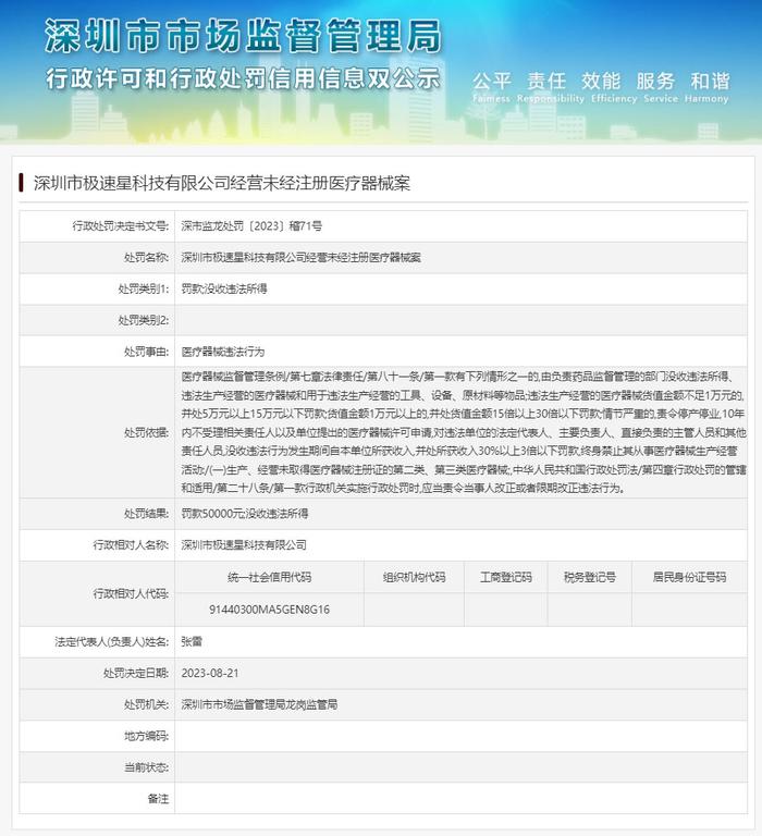 深圳市极速星科技有限公司经营未经注册医疗器械被罚