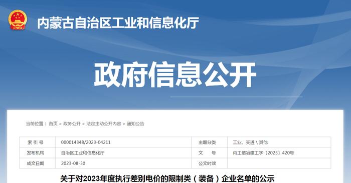 内蒙古公示2023年度执行差别电价的限制类（装备）企业名单 涉及8家钢企