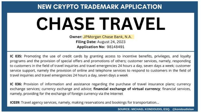 摩根大通：或开交易所？注册新商标「CHASE TRAVEL」，提供虚拟货币交易服务