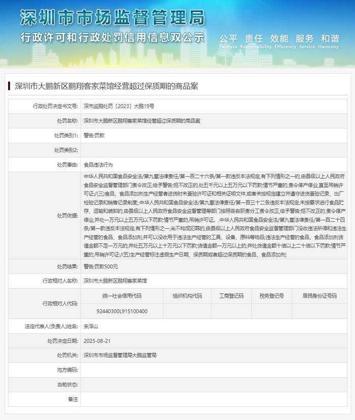 深圳市大鹏新区鹏翔客家菜馆经营超过保质期的商品案