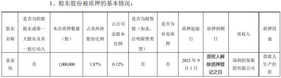 顺络电子股东袁金钰质押100万股 用于借款人生产经营