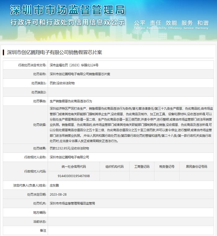 深圳市创亿腾翔电子有限公司销售假冒芯片案