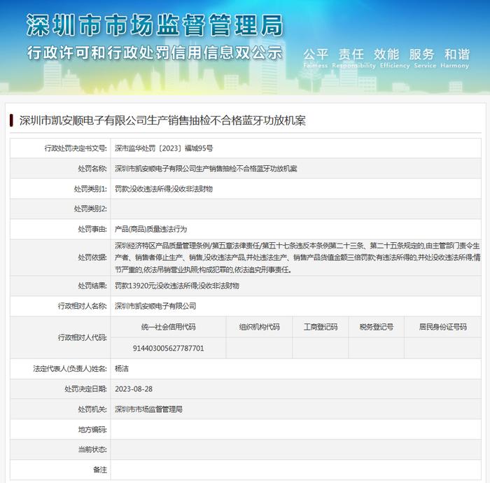 深圳市凯安顺电子有限公司生产销售抽检不合格蓝牙功放机案