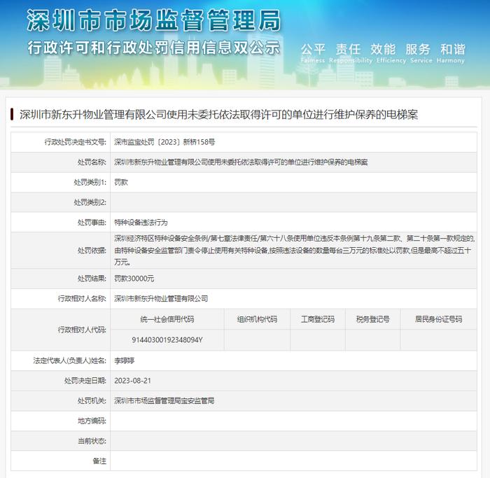 深圳市市场监督管理局宝安监管局对深圳市新东升物业管理有限公司作出行政处罚