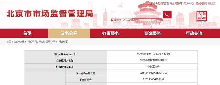 北京市房山区市场监督管理局对北京春梅世香家具经销部作出行政处罚