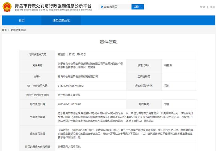 青岛市公用建筑设计研究院有限公司消防违规被罚