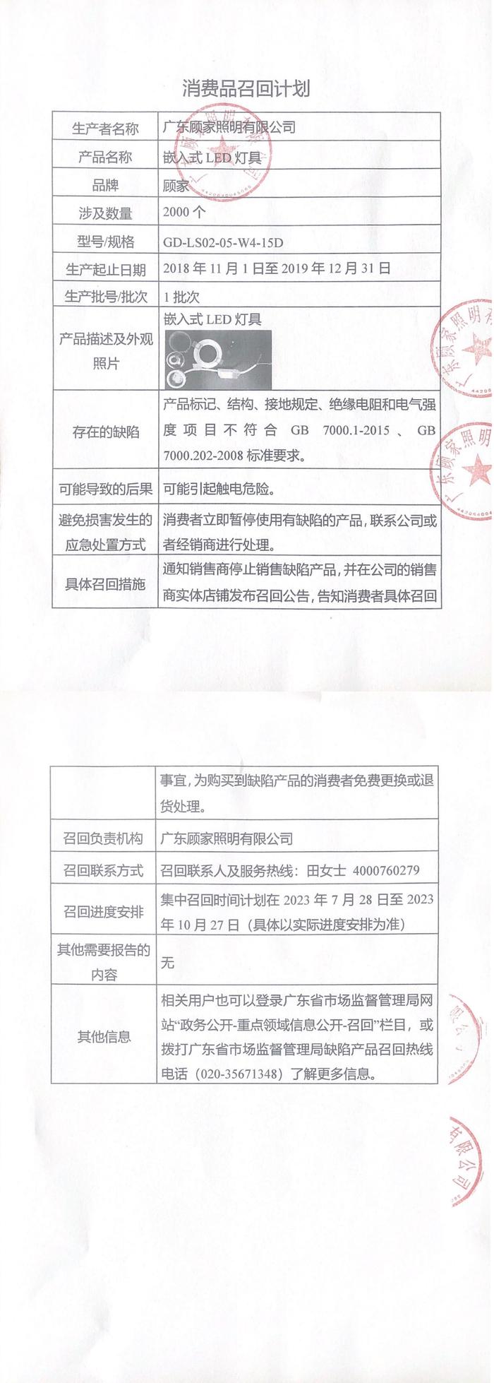 广东顾家照明有限公司召回部分顾家牌嵌入式LED灯具