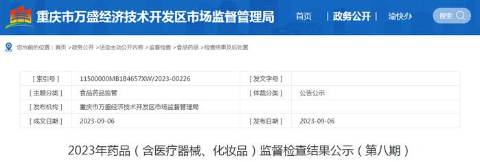 重庆市万盛经济技术开发区市场监管局发布2023年药品（含医疗器械、化妆品）监督检查结果（第八期）