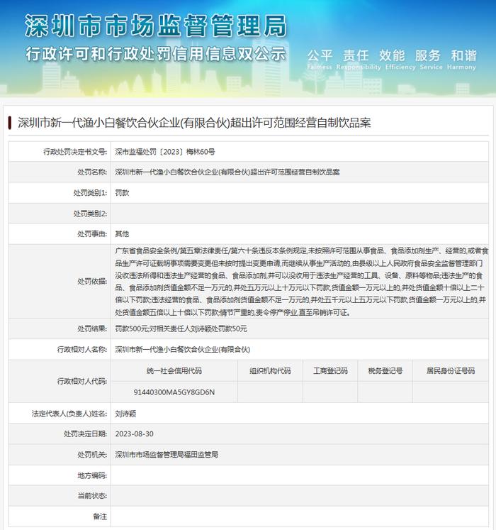 深圳市新一代渔小白餐饮合伙企业（有限合伙）超出许可范围经营自制饮品案