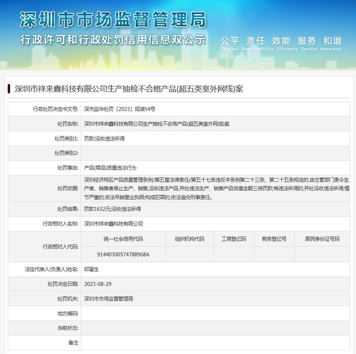 深圳市祥来鑫科技有限公司生产抽检不合格产品（超五类室外网线）案