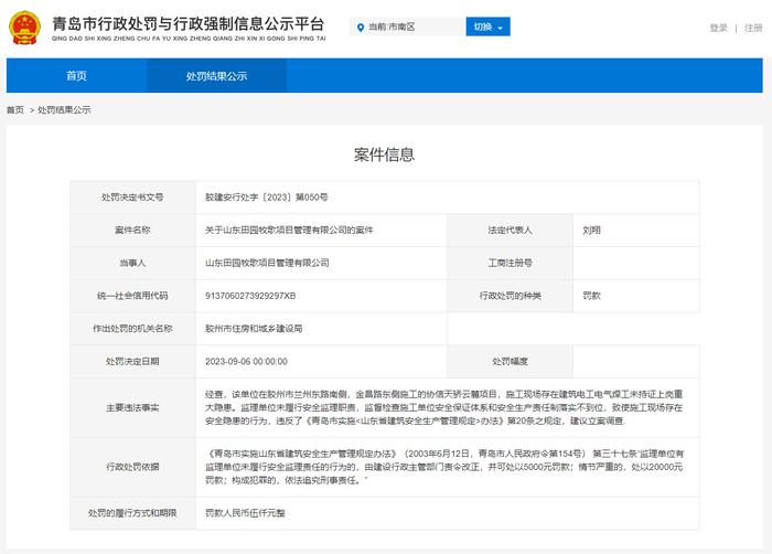 山东田园牧歌项目管理有限公司因未履行安全监理职责被罚  涉及项目为协信天骄云麓