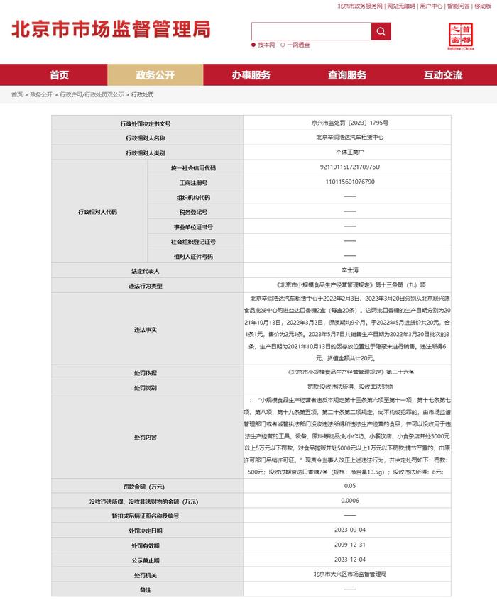 北京市大兴区市场监督管理局对北京辛润浩达汽车租赁中心作出行政处罚