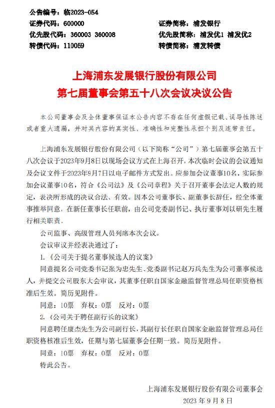 浦发银行：提名公司党委书记张为忠、党委副书记赵万兵为董事候选人