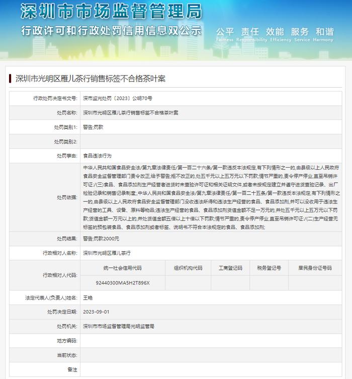 销售标签不合格茶叶 深圳市光明区雁儿茶行被罚