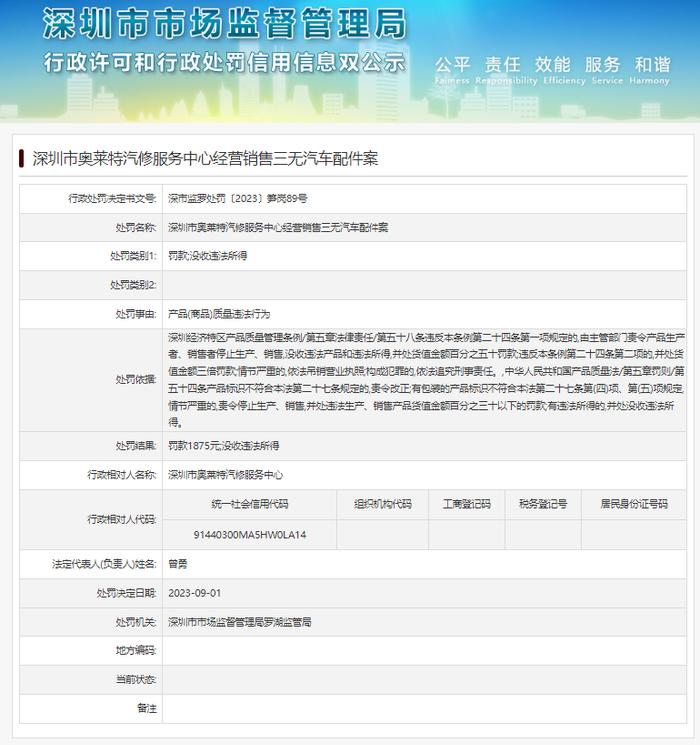 深圳市奥莱特汽修服务中心经营销售三无汽车配件案
