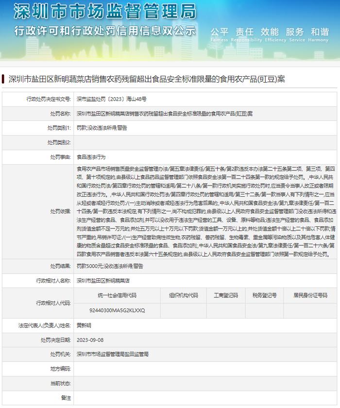 深圳市盐田区新明蔬菜店销售农药残留超出食品安全标准限量的食用农产品(豇豆)案