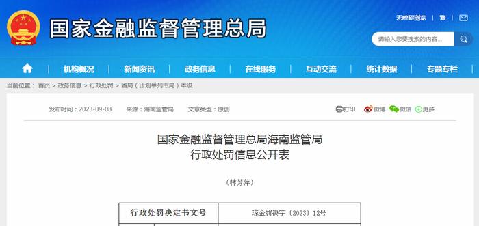 国家金融监督管理总局海南监管局行政处罚信息公开表（琼金罚决字〔2023〕12号）