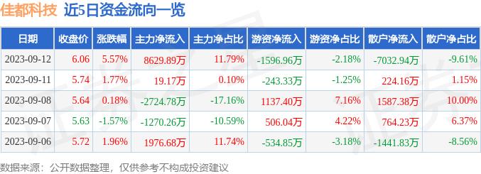 佳都科技（600728）9月12日主力资金净买入8629.89万元