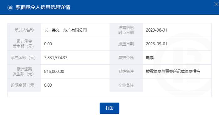 长丰县文一地产有限公司商票持续逾期被公示