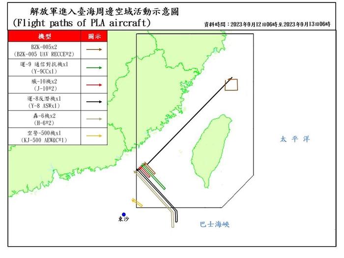 台防务部门公布其观测到的解放军飞机过去24小时(12日6时至13日6时)活动示意