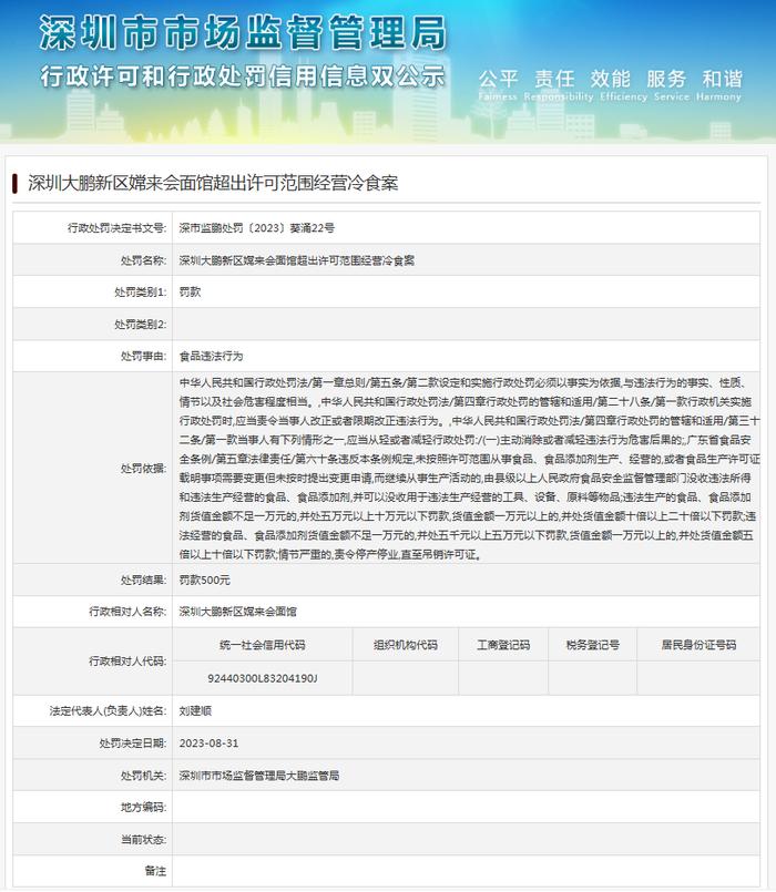 深圳大鹏新区嫦来会面馆超出许可范围经营冷食案