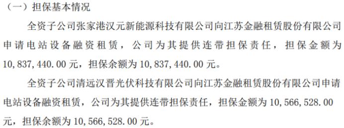 汉龙科技为2家子公司向融租赁公司合计申请电站设备融资租赁提供连带担保责任 担保金额合计2140.4万