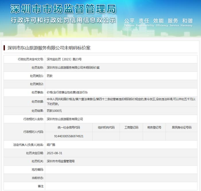 深圳市东山旅游服务有限公司未明码标价案
