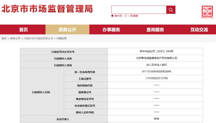 北京青龙湖盛通房地产开发有限公司被罚80000元