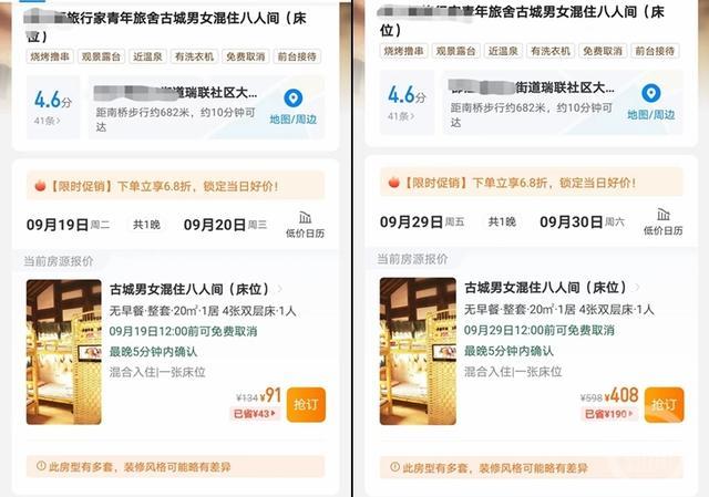 国庆假期热门城市住宿价格大涨：青年旅舍混住8人间1张床位91元涨到408元