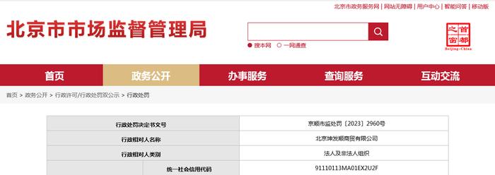 北京市顺义区市场监督管理局对北京坤发顺商贸有限公司作出行政处罚