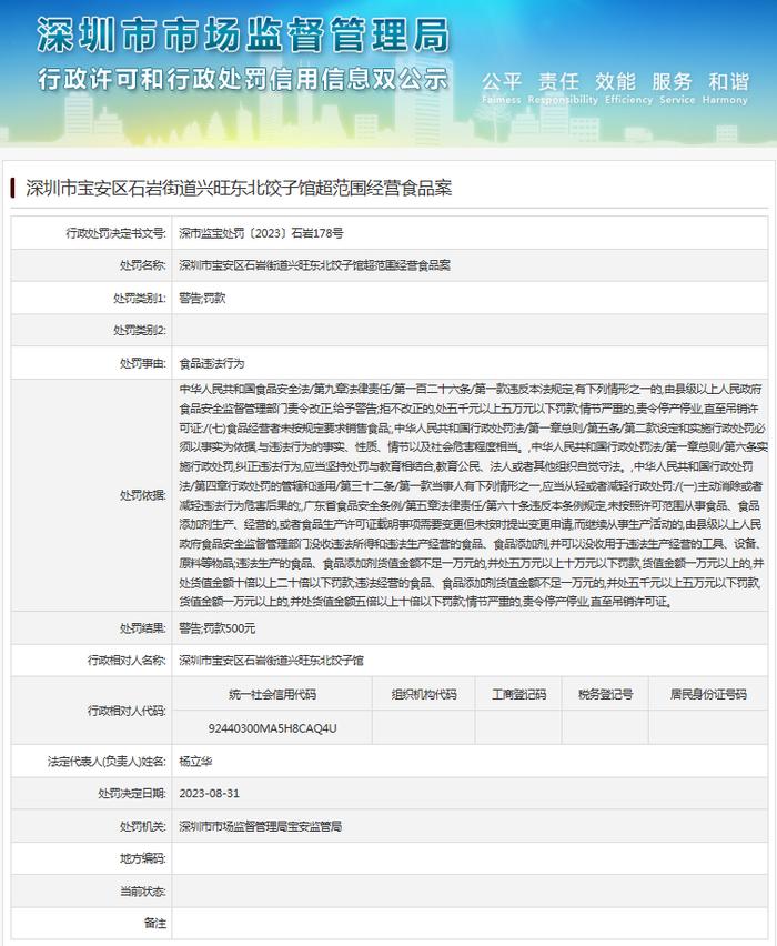 深圳市宝安区石岩街道兴旺东北饺子馆超范围经营食品案