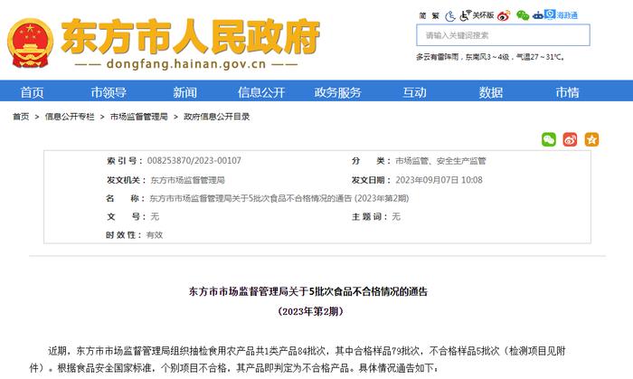 海南省东方市市场监管局关于5批次食品不合格情况的通告 (2023年第2期)