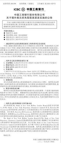 中国工商银行股份有限公司关于境外美元优先股股息派发实施的公告