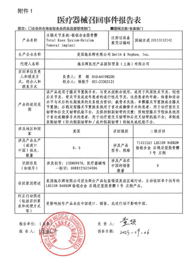 美国施乐辉有限公司Smith & Nephew, Inc. 对全膝关节系统-锆铌合金股骨髁主动召回