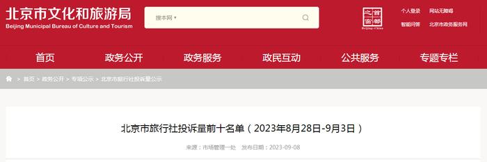 北京市旅行社投诉量前十名单（2023年8月28日-9月3日）