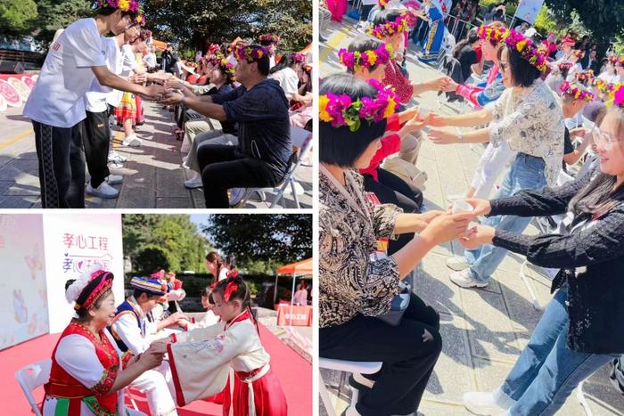 多民族小朋友、大学生向老人敬礼献茶