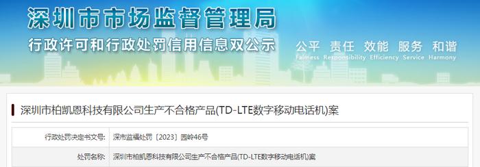 深圳市柏凯恩科技有限公司生产不合格产品被罚款7533元