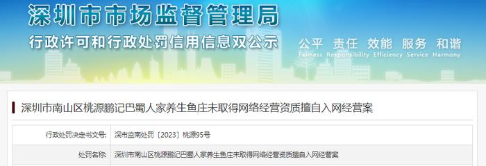 深圳市南山区桃源鹏记巴蜀人家养生鱼庄未取得网络经营资质擅自入网经营案