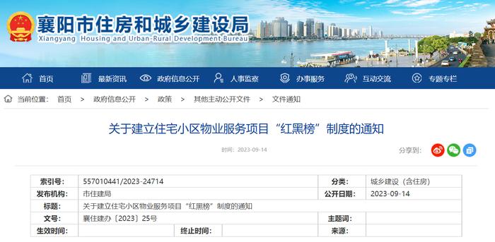 湖北省襄阳市住房和城乡建设局​关于建立住宅小区物业服务项目“红黑榜”制度的通知