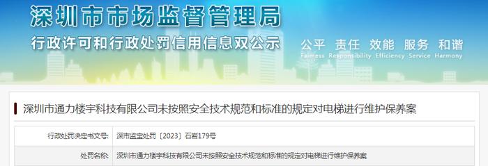 深圳市通力楼宇科技有限公司未按照安全技术规范和标准的规定对电梯进行维护保养被罚款10000元