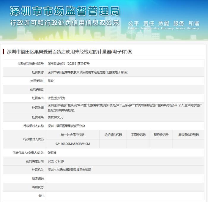 深圳市福田区果果爱爱百货店使用未经检定的计量器(电子秤)案