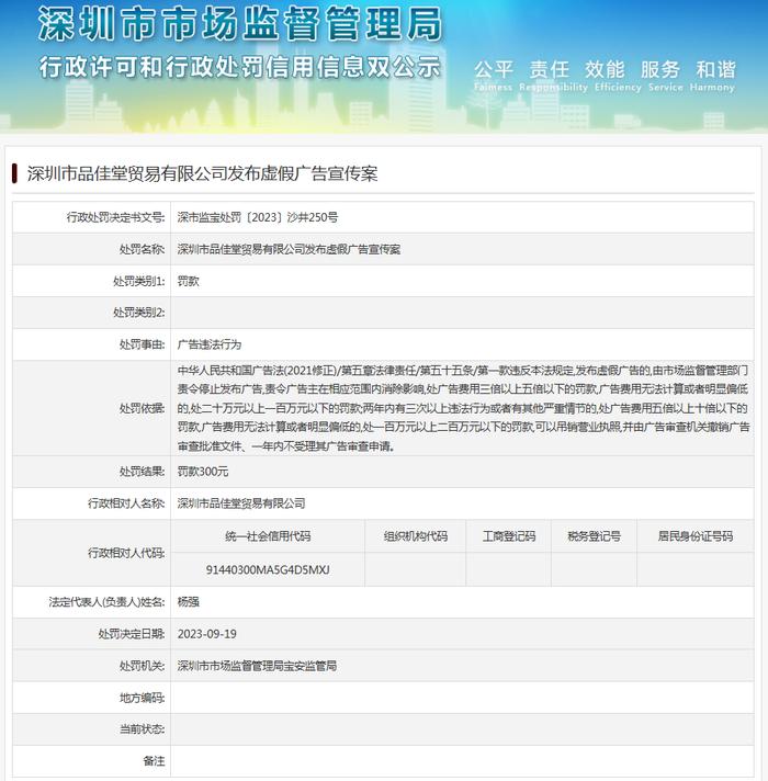 深圳市品佳堂贸易有限公司发布虚假广告宣传案