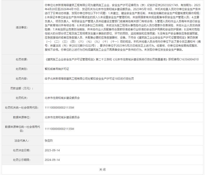 北京新信海容建筑工程有限公司被暂扣安全生产许可证18日